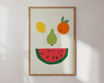 Fruits Print, Printable Modern Funny Kitchen Poster, Fruit Wall Art, Watermelon, Orange, Lemon, Pear Print, Instant Download