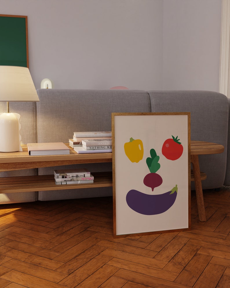 Impression végétale comme décor de cuisine moderne, affiche alimentaire, téléchargement immédiat, tomate, papier, aubergine, art mural numérique de betterave. image 7