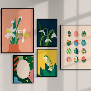 Easter 5 Printables Gallery Wall Art Set, Eggs Floral Instant Download, Colorful Spring Art Bundle.