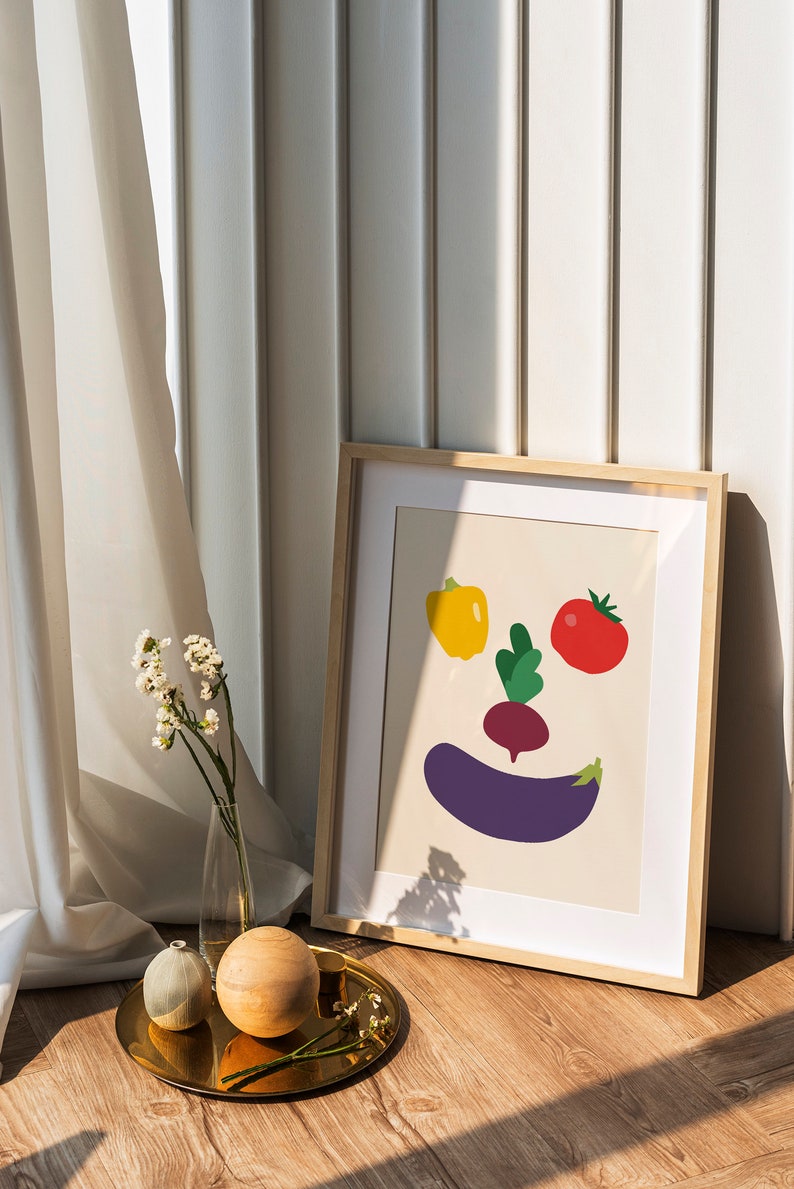 Impression végétale comme décor de cuisine moderne, affiche alimentaire, téléchargement immédiat, tomate, papier, aubergine, art mural numérique de betterave. image 6