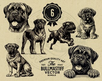 Peut inclure: Un ensemble de six illustrations vintage de chiens Bullmastiff dans différentes poses. Les illustrations sont en noir et blanc et ont un style dessiné à la main. Le texte "The Bullmastiff Vector Bundle" est inclus dans l'image.