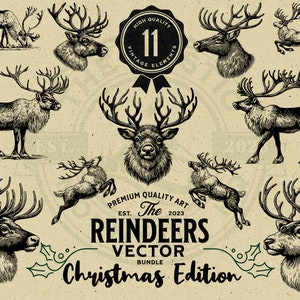 Pacchetto di illustrazioni vettoriali vintage per le vacanze di Natale con renne, download immediato, PNG, SVG, EPS, sublimazione, Cricut, laser, stampa su richiesta