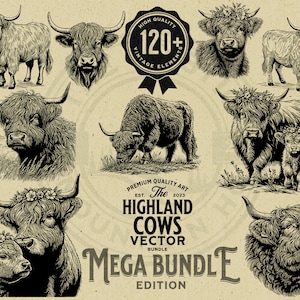 120 Highland Kuh Vintage Vektor-Design Mega Bundle, Sofort-Download PNG, SVG, kommerzielle Nutzung, Sublimation, Cricut, Laser, Gravur, Drucke