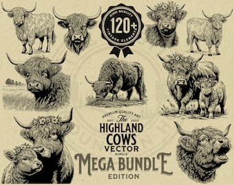 120+ Highland Cow Vintage Vector Designs, SVG PNG (Instant Download)