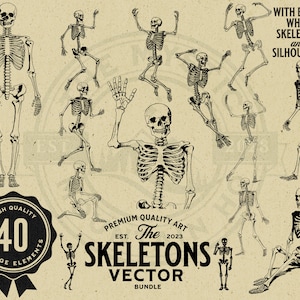 Può includere: Una collezione di 40 elementi vettoriali di scheletri vintage in varie pose, tra cui in piedi, seduti e che ballano. Le illustrazioni in bianco e nero sono su uno sfondo beige strutturato, con scheletri e silhouette bianche aggiuntive. Il testo recita "Skeletons Vector Bundle".