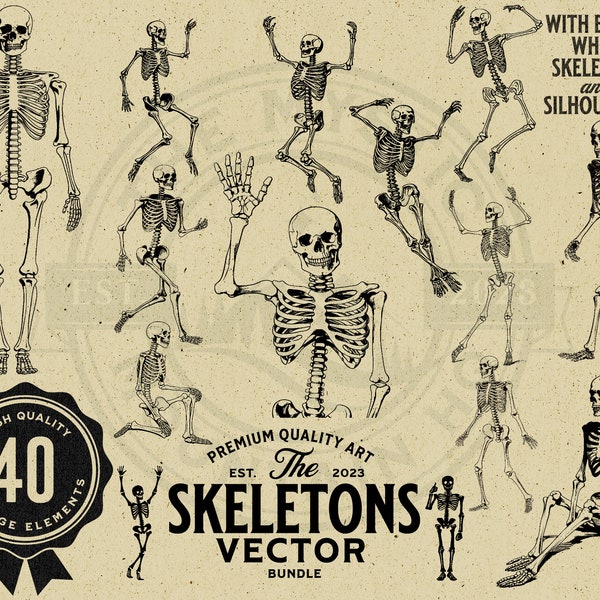 Skeleton Vintage Vector Illustration Bundle for Halloween PNG, SVG, EPS, Commercial Use, Sublimation, Cricut, Laser, Print on Demand