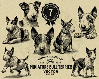 Può includere: Un set di sette illustrazioni vintage di Miniature Bull Terrier in bianco e nero. Le illustrazioni sono in varie pose, tra cui seduto, in piedi e sdraiato. Le illustrazioni sono su uno sfondo beige con il testo "HIGH QUALITY VINTAGE ELEMENTS" e "PREMIUM QUALITY ART EST. The 2023 MINIATURE BULL TERRIER VECTOR BUNDLE".