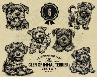 Puede incluir: Un conjunto de seis ilustraciones en blanco y negro de Glen of Immal Terriers en varias poses. Las ilustraciones son de estilo vintage y son perfectas para usar en una variedad de proyectos.