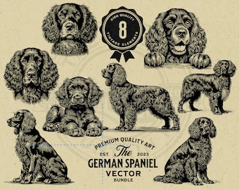 May include: A set of eight black and white vector illustrations of German Spaniels in various poses. The illustrations are in a vintage style and feature detailed linework.