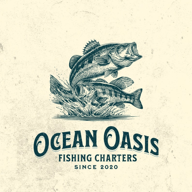 May include: A vintage-style illustration of two bass fish jumping out of the water. The text "Ocean Oasis Fishing Charters Since 2020" is below the fish.