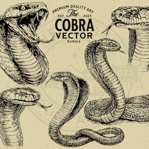 Puede incluir: Un conjunto de cuatro ilustraciones en blanco y negro de cobras en varias poses. Las ilustraciones son de estilo vintage y presentan un trabajo de línea detallado. El texto "The Cobra Vector Bundle" está incluido en la imagen.