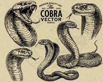 May include: A set of four black and white illustrations of cobras in various poses. The illustrations are in a vintage style and feature detailed line work. The text "The Cobra Vector Bundle" is included in the image.