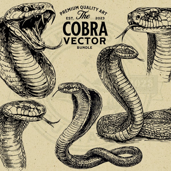 Cobra Snake Vector Animal Illustration Bundle, Vintage, Cut File, SVG, PNG, Commercial Use, Print on Demand, Wall Art, Cricut, Clipart, Logo