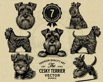Puede incluir: Un conjunto de siete ilustraciones vintage de perros Cesky Terrier en blanco y negro. Las ilustraciones presentan a los perros en varias poses, incluyendo sentados, de pie y acostados. Las ilustraciones están etiquetadas como "The Cesky Terrier Vector Bundle" y "Premium Quality Art".
