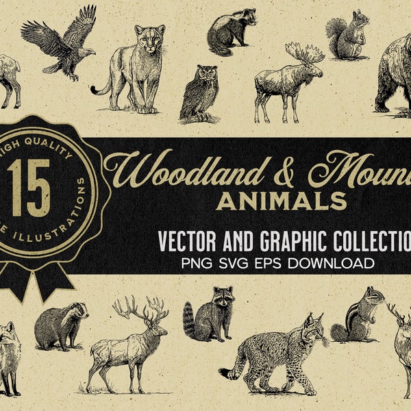 15 Vintage Woodland and Mountain Wild Animals Illustration Bundle, High Quality, Vector Art, Instant Digital Download SVG, PNG, and EPS