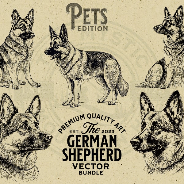 German Shepherd Pet Dog Vector Animal Illustration Bundle, SVG, PNG, Digital Download, T-shirt, Wall Art, Cricut, Clipart, Logo, Mug, POD