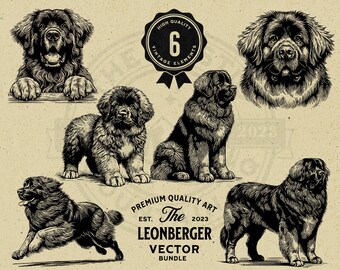 Op de afbeelding: Zes zwart-wit illustraties van Leonberger honden in verschillende poses. De illustraties zijn in vintage stijl en zijn geplaatst op een beige achtergrond. De tekst "The Leonberger" is te zien in een banner onderaan de afbeelding.
