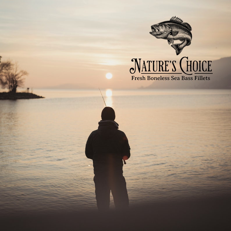 May include: A silhouette of a person fishing at sunset on a lake. The text "NATURE'S CHOICE Fresh Boneless Sea Bass Fillets" is at the top of the image.