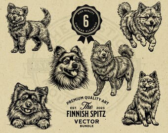 Op de afbeelding: Zes zwart-wit illustraties van Finse spitsen in verschillende poses. De illustraties zijn in vintage stijl en zijn geplaatst op een beige achtergrond. De tekst "The Finnish Spitz Vector Bundle" staat onderaan de afbeelding.