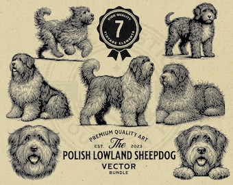 Vektorgrafik med polsk låglandshund, valpkikande hundpaket (digital nedladdning)