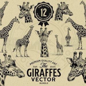 Giraffe Safari Vintage Vektor-Illustration Bundle, Sofort-Download, PNG, SVG, EPS, Sublimation, Cricut, Laser, Print on Demand, Scrapbook