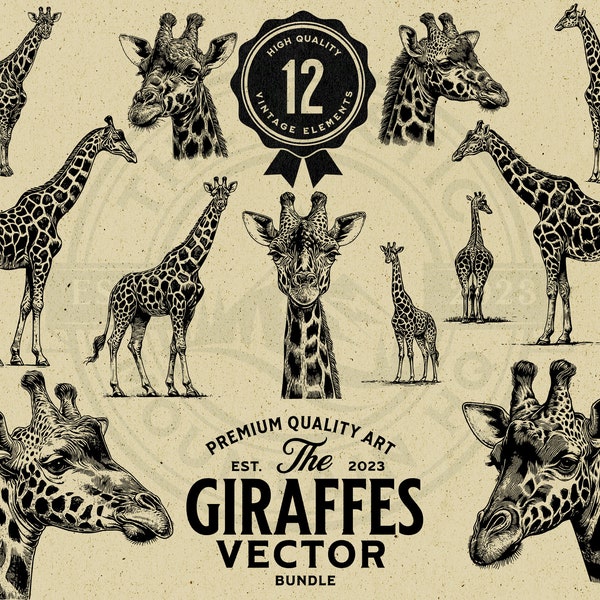 Giraffe Safari Vintage Vector Illustration Bundle, Instant Download, PNG, SVG, EPS, Sublimation, Cricut, Laser, Print on Demand, Scrapbook