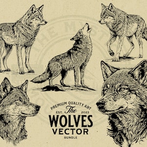 Puede incluir: Cinco ilustraciones en blanco y negro de lobos en varias poses, realizadas con líneas. Las ilustraciones están sobre un fondo beige. El texto "The Wolves Vector Bundle" está en la parte inferior de la imagen.