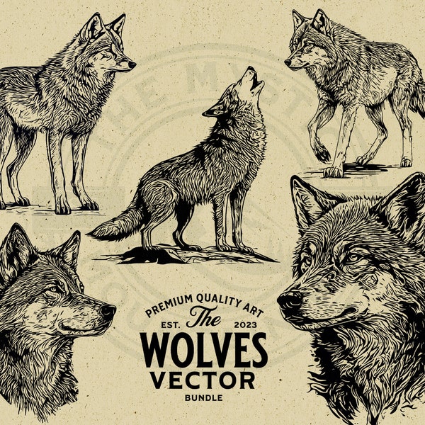 Wolf Vector Illustration Bundle, Rustic and Vintage Design - Commercial Use - Instant Download - PNG, SVG, EPS for Print on Demand, Wall Art