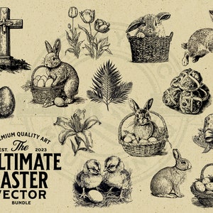 May include: A collection of vintage Easter illustrations featuring bunnies, eggs, crosses, chicks, and baskets. The illustrations are in black and white and have a rustic, hand-drawn style.