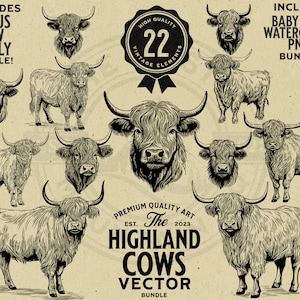 Highland Kuh Vintage Vektor-Illustration Bundle, sofortiger Download PNG, SVG, EPS, kommerzielle Nutzung, Sublimation, Cricut, Laser, Print on Demand