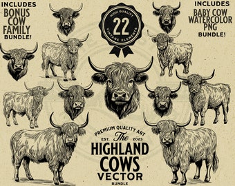 Highland Cow Vintage Vector Illustration Bundle, Instant Download PNG, SVG, EPS, Commercial Use, Sublimation, Cricut, Laser, Print on Demand