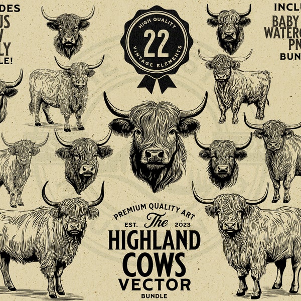 Paquete de ilustración vectorial vintage de Highland Cow, descarga instantánea PNG, SVG, EPS, uso comercial, sublimación, cricut, láser, impresión bajo demanda