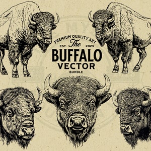 Può includere: Un set di cinque illustrazioni in bianco e nero di bisonti americani, o bufali, in varie pose. Le illustrazioni sono in stile vintage, con un aspetto ruvido e testurizzato. Le illustrazioni sono perfette per l'uso in una varietà di progetti, come t-shirt, poster e design di siti web.