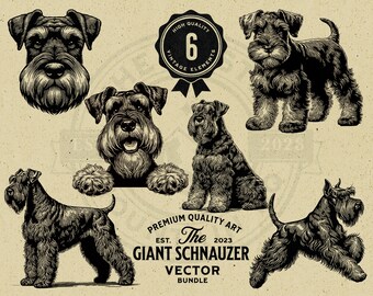 Puede incluir: Un conjunto de seis ilustraciones en blanco y negro de schnauzers miniatura en varias poses. Las ilustraciones son de estilo vintage y son perfectas para usar en proyectos digitales o impresos.