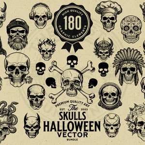 180 Schädel ultimative Vektor-Bundle, Halloween svg, Schädel Clipart, Silhouette svg, Sublimation, Cricut Cut Dateien, Laser, Print on Demand, Logos