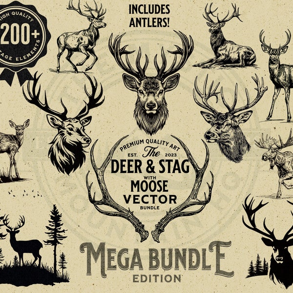 220 Deer Stag and Moose Vector Design Mega Bundle, Instant Download PNG, SVG, Commercial Use, Sublimation, Cricut, Laser, Engraving, Prints