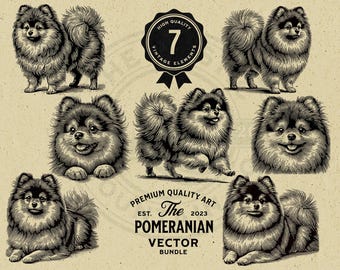 Op de afbeelding: Zeven zwart-wit illustraties van dwergspitsen in verschillende poses. De illustraties zijn in vintage stijl en zijn geplaatst op een beige achtergrond. De tekst "The Pomeranian Vector Bundle" staat onderaan de afbeelding.
