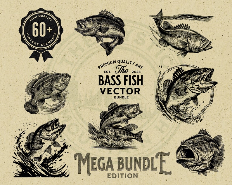 May include: A set of 60+ vintage vector illustrations of bass fish in various poses. The illustrations are in black and white and feature a realistic style. The illustrations are perfect for use in a variety of projects, such as t-shirt designs, logos, and website graphics.