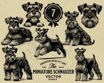 Op de afbeelding: Een set van zeven zwart-wit vectorillustraties van miniatuurschnauzers in verschillende poses. De illustraties zijn in vintage stijl en perfect voor gebruik in een verscheidenheid aan projecten.