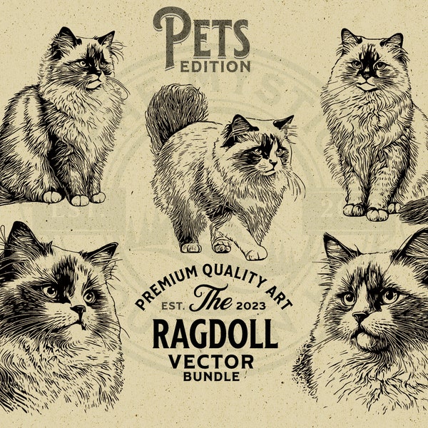 Ragdoll Pet Cat Vector Animal Illustration Bundle, SVG, PNG, Digital Download, T-shirt, Wall Art, Cricut, Clipart, Logo, Mug, POD, Cut File