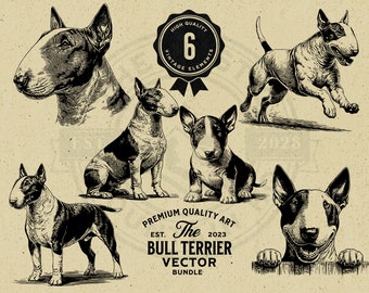 Può includere: Un set di sei illustrazioni vintage di Bull Terrier in varie pose. Le illustrazioni sono in bianco e nero e hanno uno stile disegnato a mano. Il testo "The Bull Terrier Vector Bundle" è incluso nell'immagine.