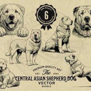 以下が含まれることがあります： 白黒のセントラルアジアシェパードドッグのヴィンテージイラスト6点セット。犬は座っている、立っている、横になっているなど、さまざまなポーズで描かれています。イラストはクラシックで詳細なスタイルです。
