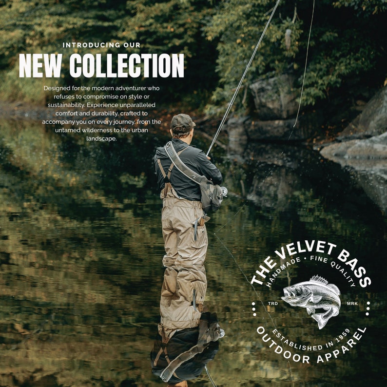 May include: A man wearing a black shirt and khaki pants is fishing in a river. The river is surrounded by green trees. The man is standing in the water, and his reflection is visible in the water. The text "The Velvet Bass Handmade Fine Quality Established in 1959 Outdoor Apparel" is visible in the lower right corner of the image.