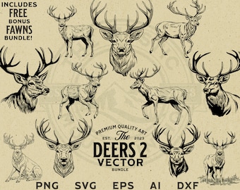 Deer Head and Body Vector Illustration Bundle, Commercial Use, Instant Download, PNG, SVG, EPS, Print on Demand, Cricut, Laser, Branding