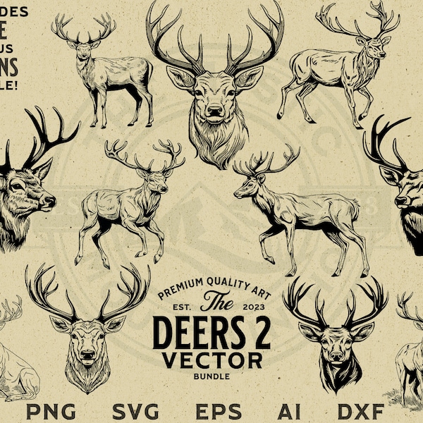 Deer Head and Body Vector Illustration Bundle, Commercial Use, Instant Download, PNG, SVG, EPS, Print on Demand, Cricut, Laser, Branding