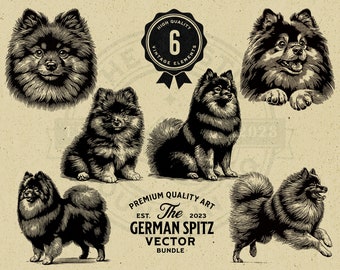 Op de afbeelding: Een set van zes vintage illustraties van Duitse Spitz-honden in zwart-wit. De illustraties zijn in verschillende poses, waaronder een kopschot, een hond die zit, een hond die staat en een hond die rent. De illustraties zijn op een beige achtergrond met tekst die "High Quality Vintage Elements", "Premium Quality Art", "The German Spitz Vector Bundle", "Est. 2023" en "2023" luidt.