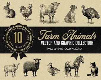 May include: A set of 10 vintage illustrations of farm animals, including a rooster, cow, dog, turkey, rabbit, pig, sheep, duck, horse, and cat. The illustrations are in black and white and have a rustic, hand-drawn style. The text "Farm Animals" is written in a decorative font above the illustrations.