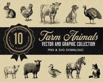 Lot de 10 illustrations d'animaux de la ferme vintage, haute qualité, art vectoriel, téléchargement numérique instantané SVG et PNG