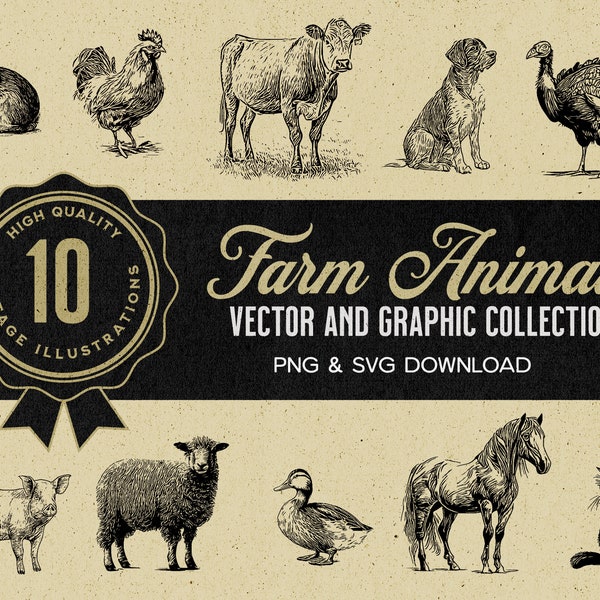 10 Vintage Farm Animals Illustration Bundle, High Quality, Vector Art, Instant Digital Download SVG and PNG