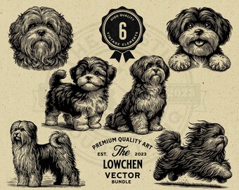 Puede incluir: Seis ilustraciones vintage de perros Lowchen en blanco y negro. Los perros están en varias poses, incluyendo sentados, de pie y corriendo. Las ilustraciones están sobre un fondo beige con el texto "The Lowchen Vector Bundle" y "Premium Quality Art" en negro.